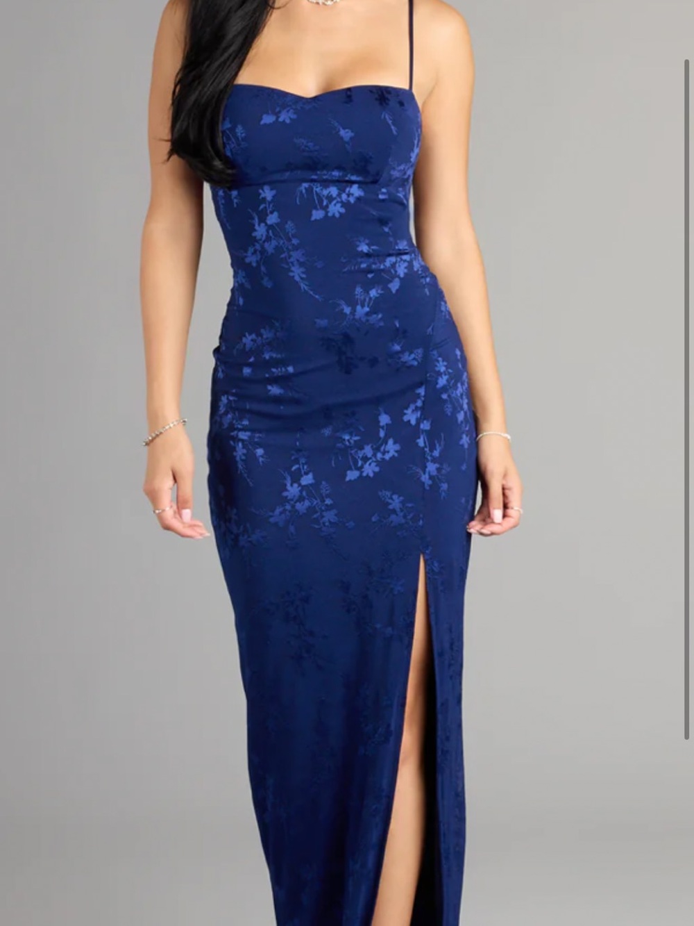 Sleek Navy Blue Floral Maxi Dress with Side Slit